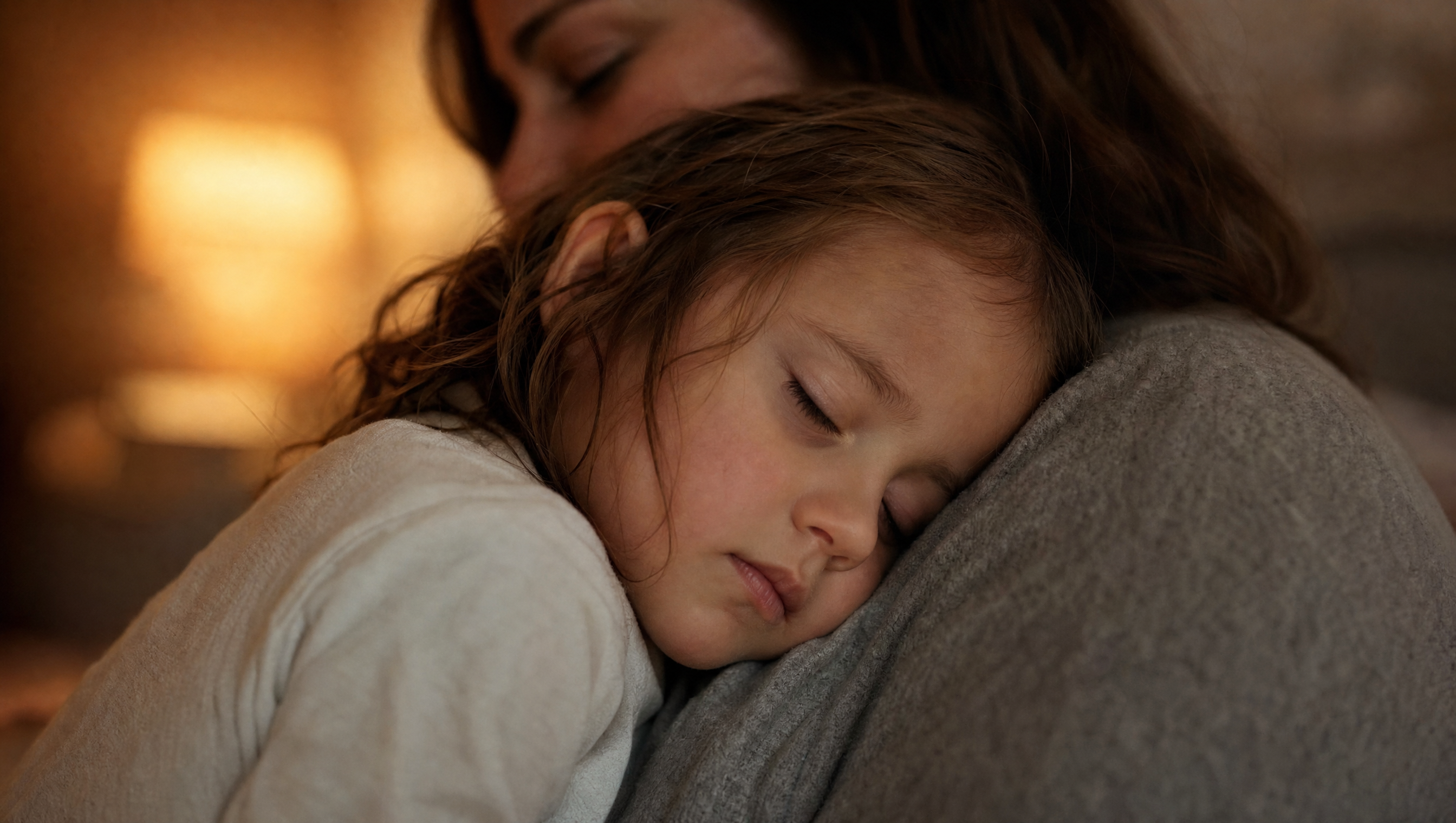 Child asleep on a parent's shoulder